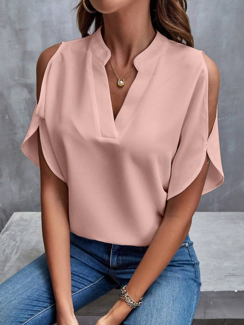 LUNE Solid Cold Shoulder Split Sleeve Popover Blouse,Short Sleeve Tops