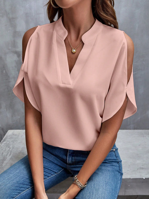 LUNE Solid Cold Shoulder Split Sleeve Popover Blouse,Short Sleeve Tops